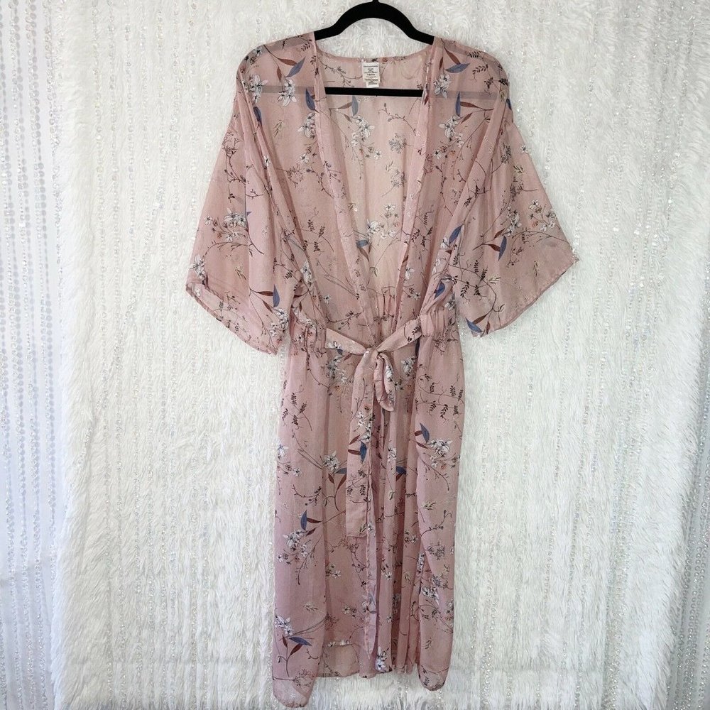 Sheer Midi Kimono Robe Size SMALL / MEDIUM Open Front Floral Beach Swim Cover-Up